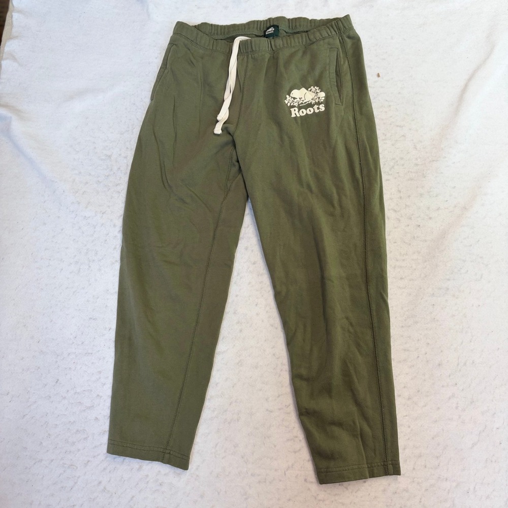 Roots Sweatpants Women Small Green Logo Drawstring Fleece Joggers